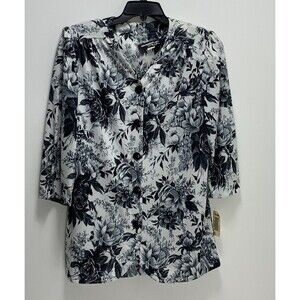 Vintage WHIRLAWAY WOMENS SHIRT PLUS SZ 16W BUTTON UP TUNIC Floral Black White